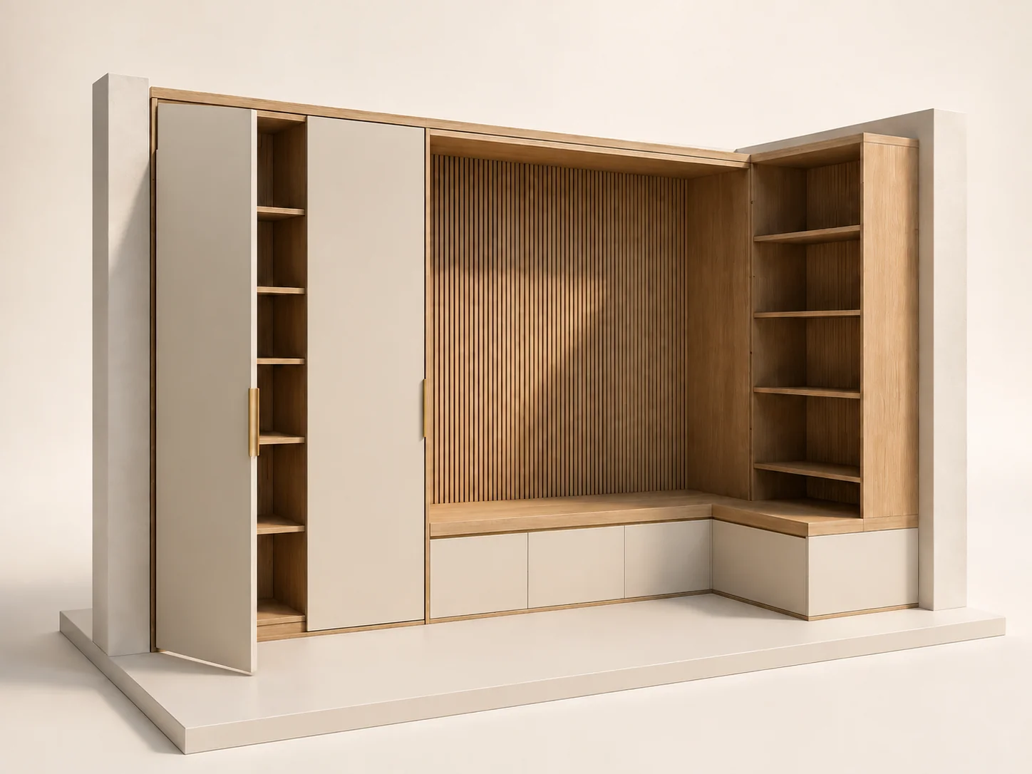 3D-ontwerpstudie van een hoekkast op een maquettevloer: crème fronten, eiken zitnis met lattenwand en een lage bank langs de rechterhoek. Eén front staat los voor de kast, zodat de legplanken zichtbaar zijn.